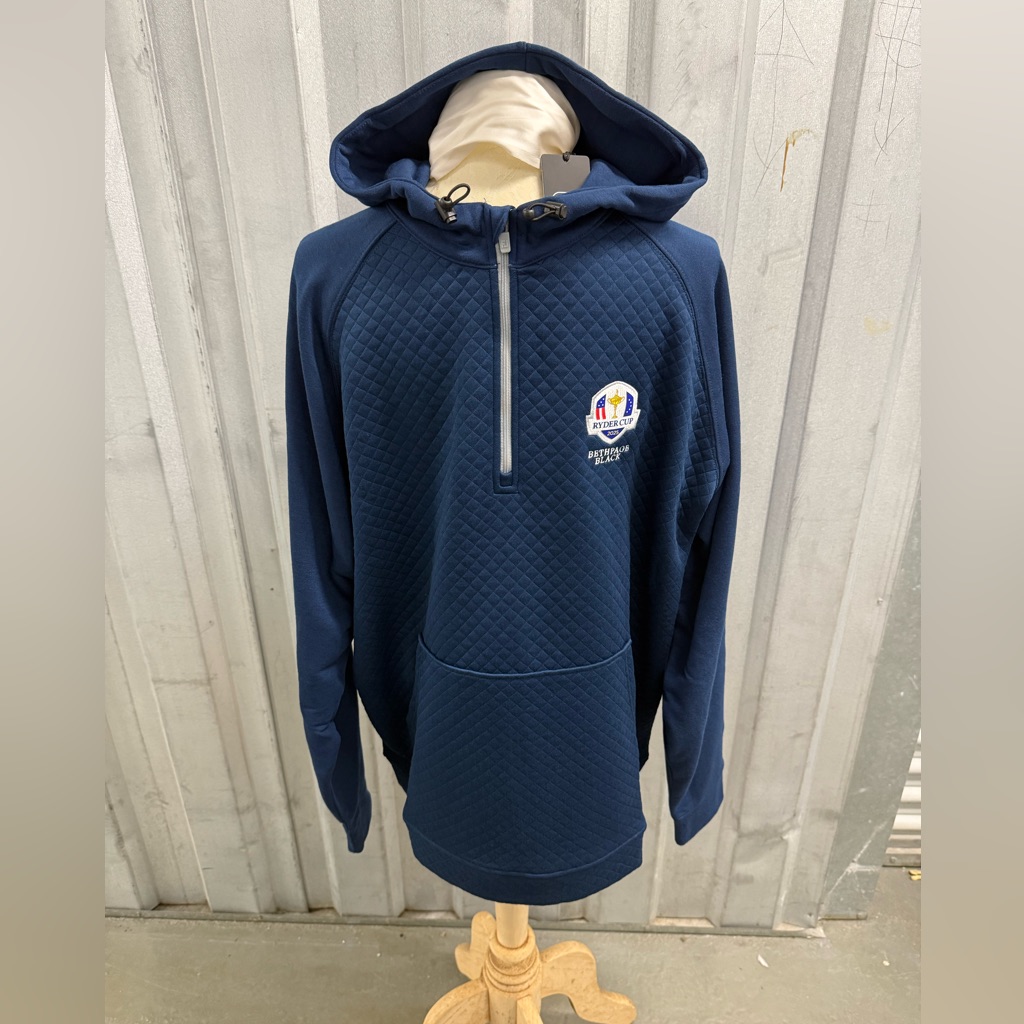 New!!! Ryder Cup 2025 Navy Quilted Hoodie With Nbc Sports Logo On The Sleeve